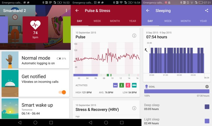 Sony SmartBand 2 recension: Android-app (vänster) och Sony LIfelog-app (höger)