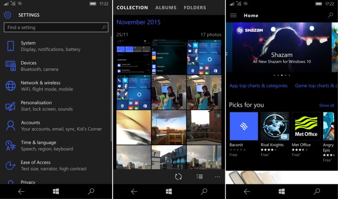 Windows 10 Mobile: Inställningar, foton och butik
